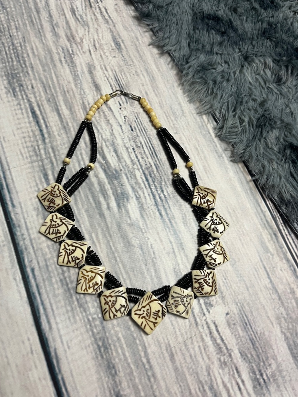 Vintage Hand-Carved Bone Tribal Multi-Strand Statement Necklace